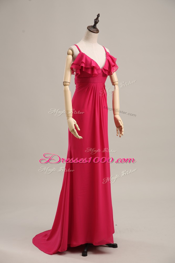 Zipper Evening Outfits Hot Pink for Prom and Party and Military Ball with Ruching Brush Train