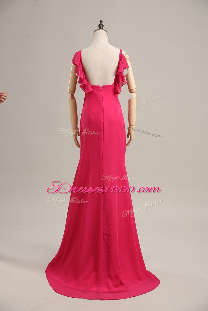 Zipper Evening Outfits Hot Pink for Prom and Party and Military Ball with Ruching Brush Train