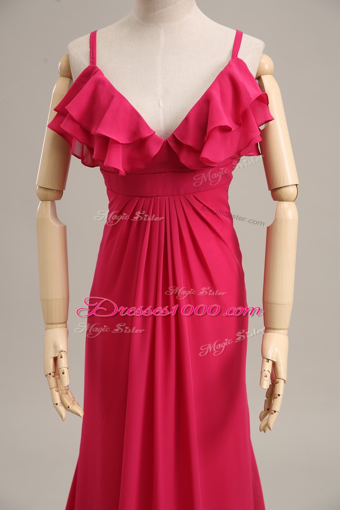 Zipper Evening Outfits Hot Pink for Prom and Party and Military Ball with Ruching Brush Train