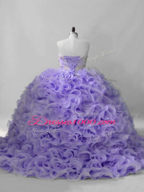 High Class Lavender Lace Up Sweetheart Beading Quinceanera Dresses Fabric With Rolling Flowers Sleeveless Brush Train