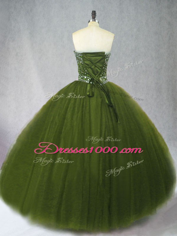 Edgy Olive Green Tulle Lace Up Sweetheart Sleeveless Floor Length Quinceanera Dresses Beading