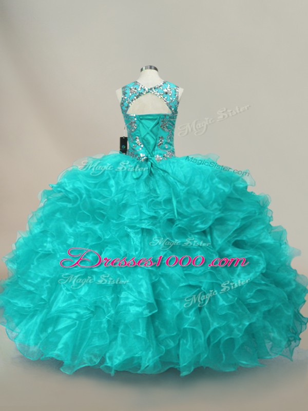 Floor Length Lace Up Quinceanera Gowns Aqua Blue for Sweet 16 and Quinceanera with Beading and Ruffles