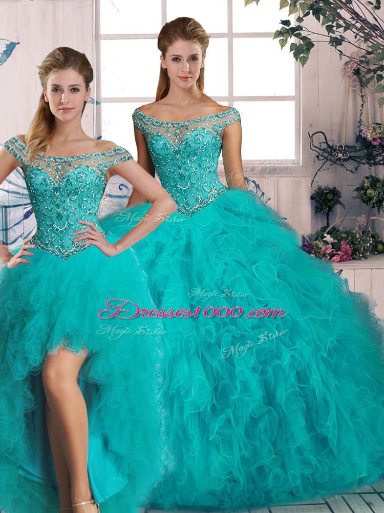 Elegant Off The Shoulder Sleeveless Brush Train Lace Up Sweet 16 Dress Aqua Blue Tulle