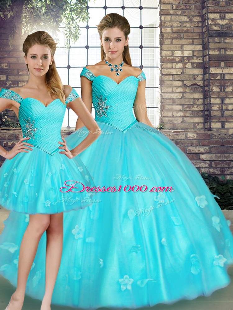 Glorious Sleeveless Floor Length Beading and Appliques Lace Up Quinceanera Gowns with Aqua Blue