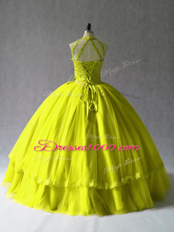 Edgy Floor Length Lace Up Quinceanera Dress Yellow Green and In with Appliques