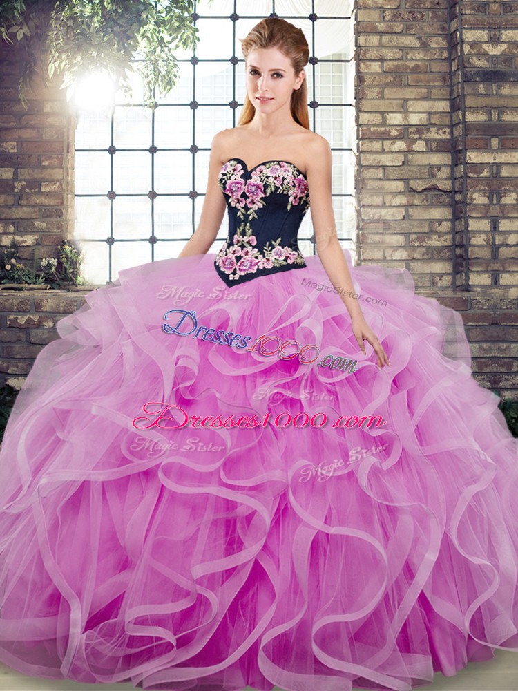 Customized Lilac Ball Gowns Tulle Sweetheart Sleeveless Embroidery and Ruffles Lace Up Quinceanera Gowns Sweep Train