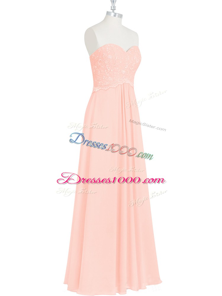 Floor Length Pink Evening Gowns Chiffon Sleeveless Lace and Appliques