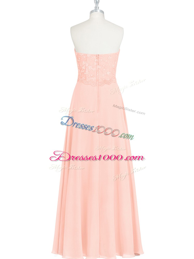 Floor Length Pink Evening Gowns Chiffon Sleeveless Lace and Appliques