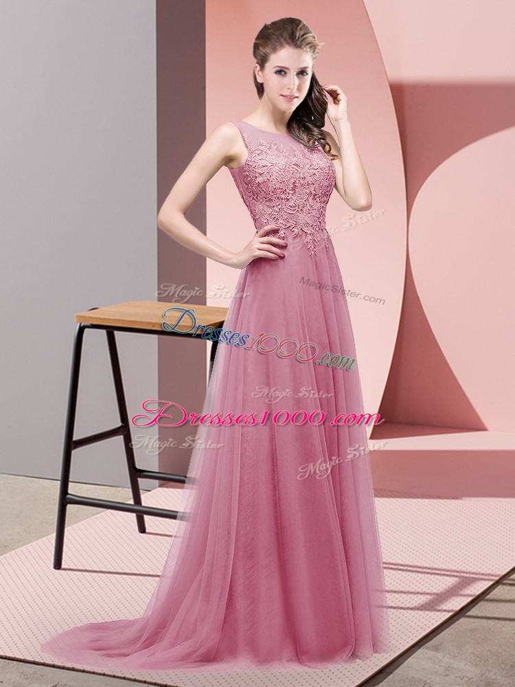 Clearance Scoop Sleeveless Tulle Evening Dress Lace Sweep Train Lace Up