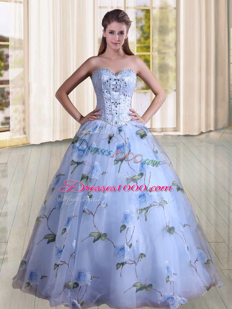 Inexpensive Printed Sleeveless Floor Length Sweet 16 Dresses and Beading