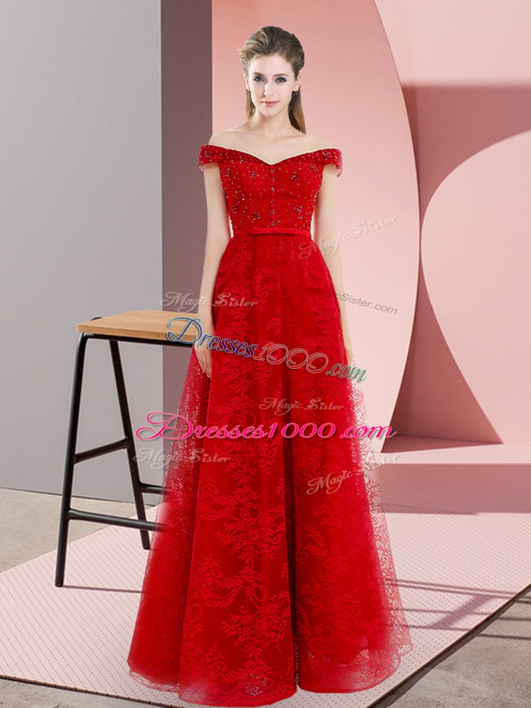 Custom Design Red Sleeveless Sweep Train Beading and Lace Prom Evening Gown