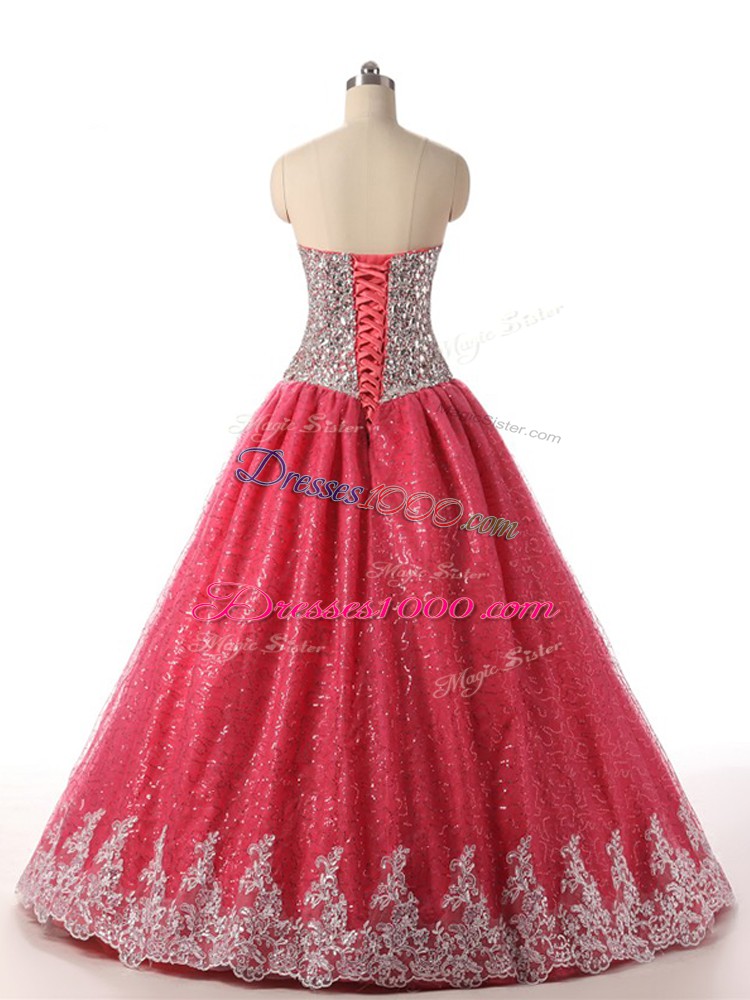 Free and Easy Floor Length Lace Up Sweet 16 Dress Coral Red for Military Ball and Sweet 16 and Quinceanera with Beading and Appliques