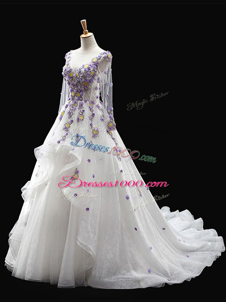 Appliques Ball Gown Prom Dress White Backless Long Sleeves Brush Train