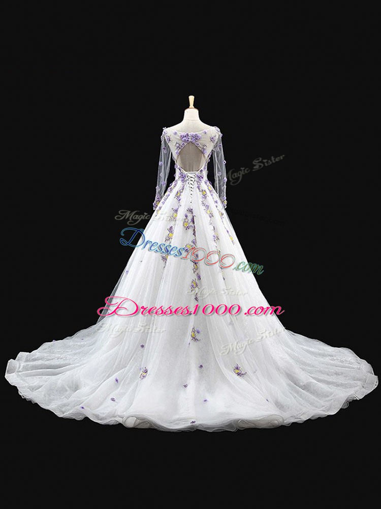 Appliques Ball Gown Prom Dress White Backless Long Sleeves Brush Train
