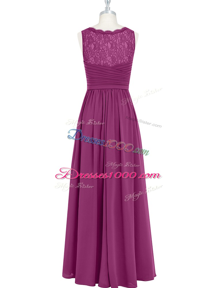 Fuchsia Empire Chiffon V-neck Sleeveless Lace and Ruching Floor Length Backless Formal Dresses