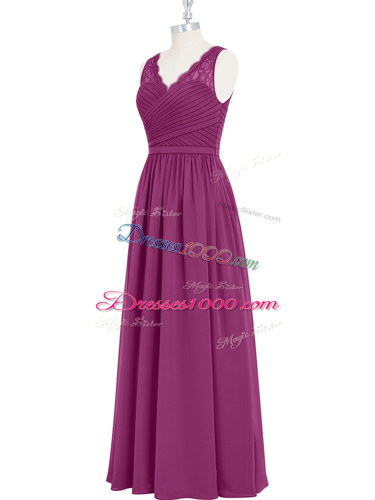 Fuchsia Empire Chiffon V-neck Sleeveless Lace and Ruching Floor Length Backless Formal Dresses