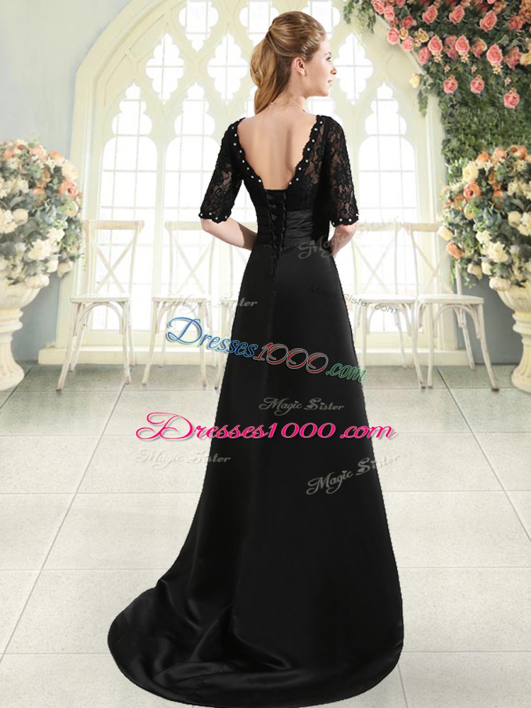 Discount Half Sleeves Sweep Train Lace Up Beading and Appliques Dress for Prom