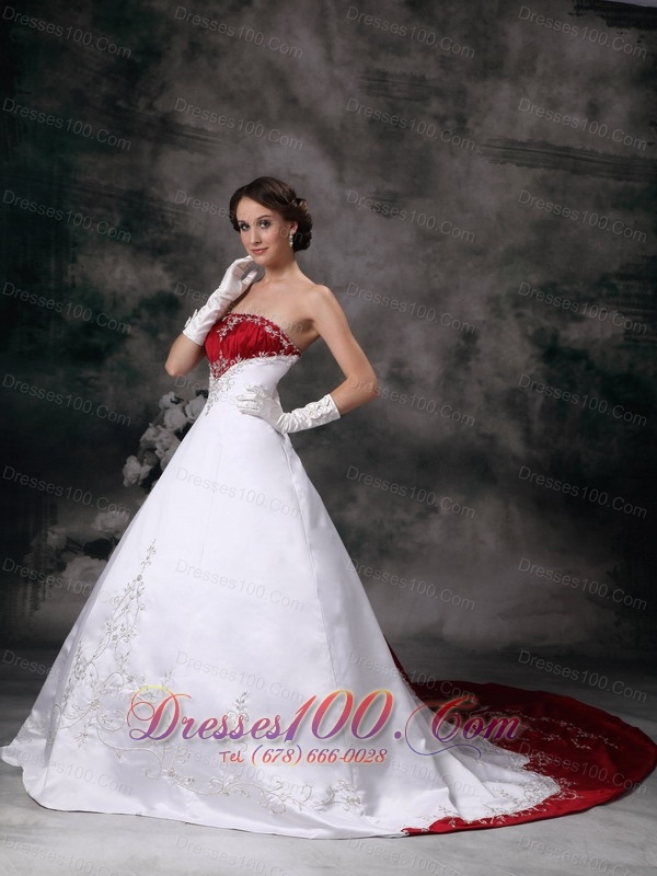 Wine Red Appliques Court Train Golden wedding Dress