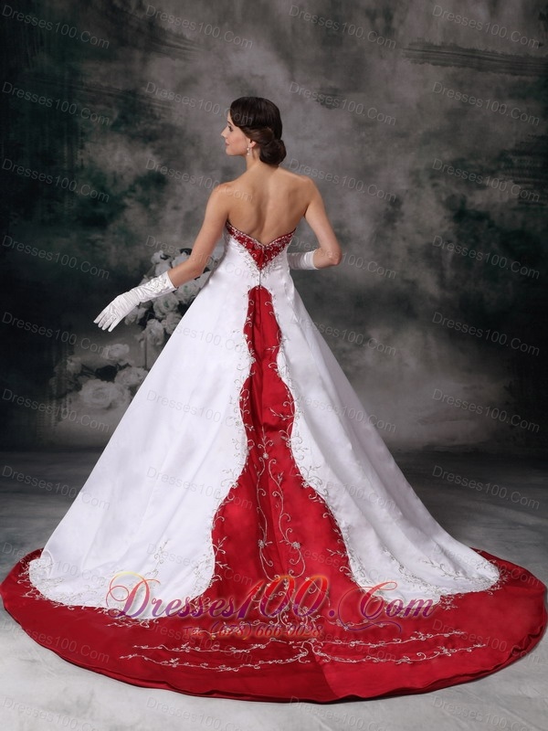Wine Red Appliques Court Train Golden wedding Dress