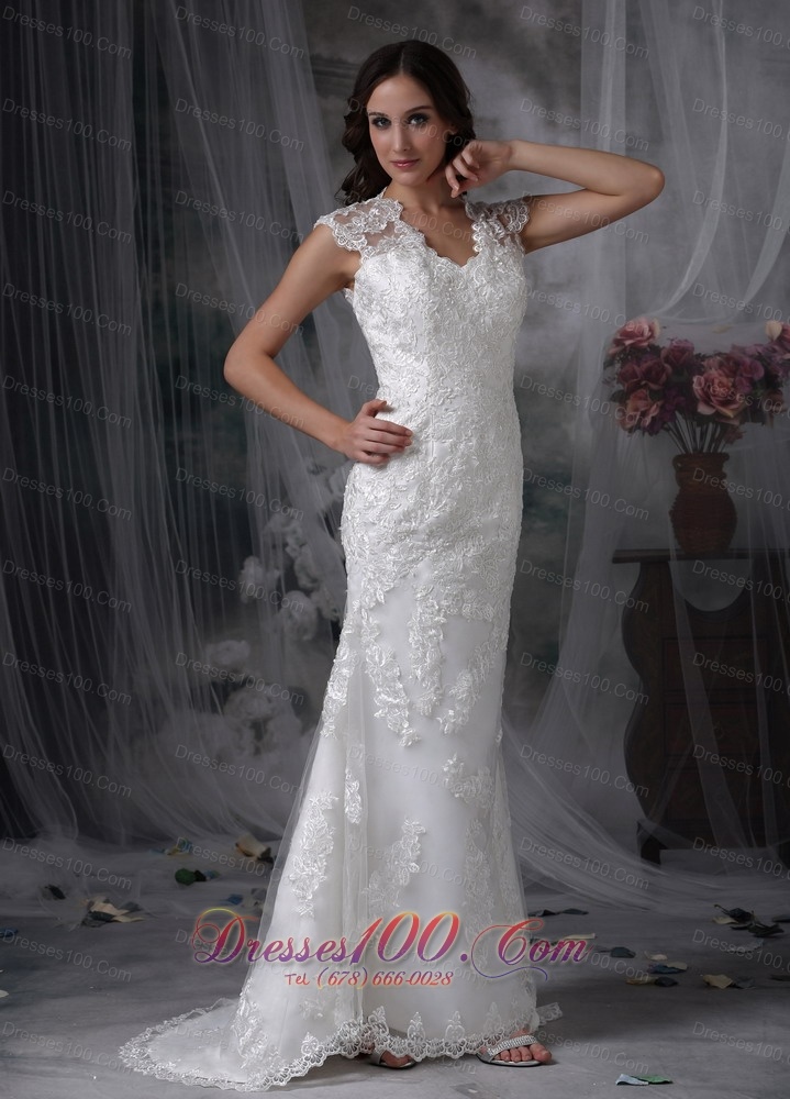 Sheath Lace Brush Train Wide Straps Wedding Dress