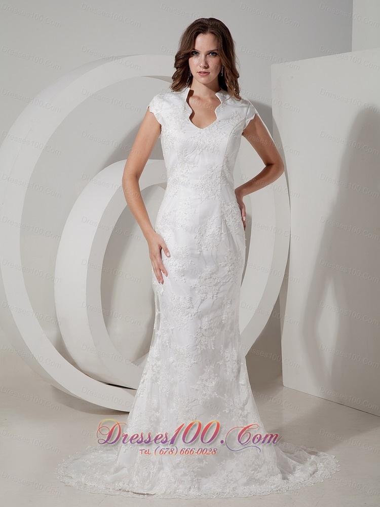 Mermaid V-neck lace Golden Wedding Dress Brush Train