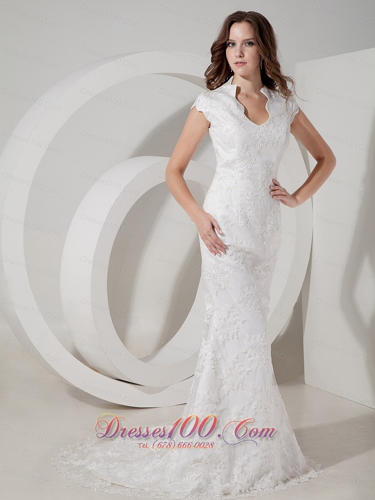 Mermaid V-neck lace Golden Wedding Dress Brush Train