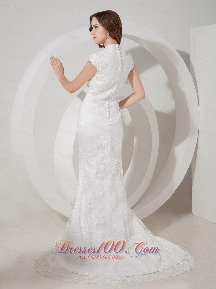 Mermaid V-neck lace Golden Wedding Dress Brush Train