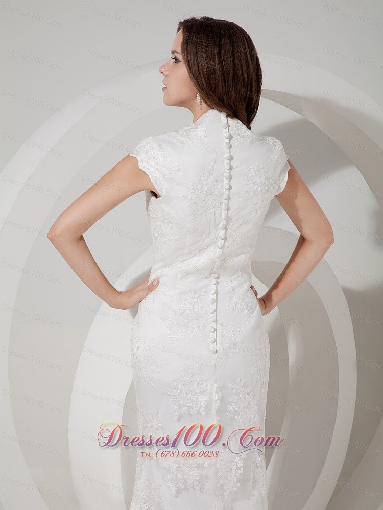 Mermaid V-neck lace Golden Wedding Dress Brush Train