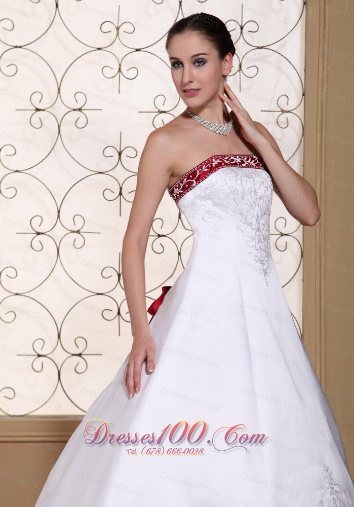 Wedding Dress Wine Red and White A-line Chapel Train