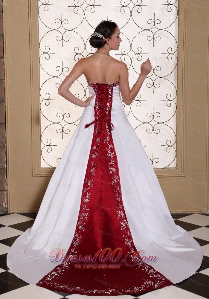 Wedding Dress Wine Red and White A-line Chapel Train