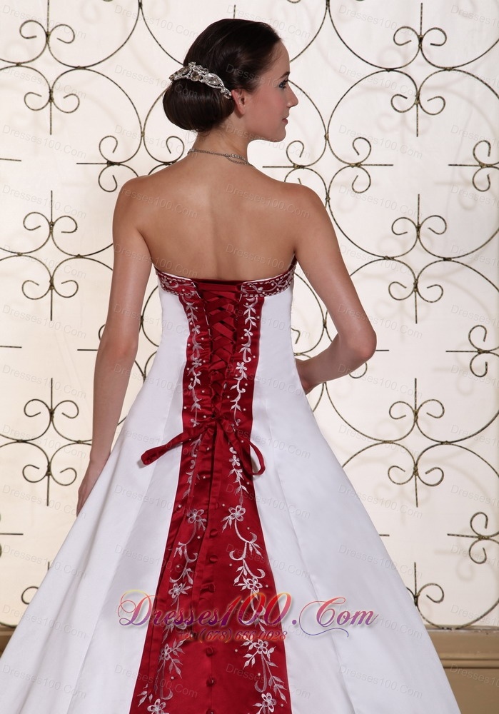 Wedding Dress Wine Red and White A-line Chapel Train