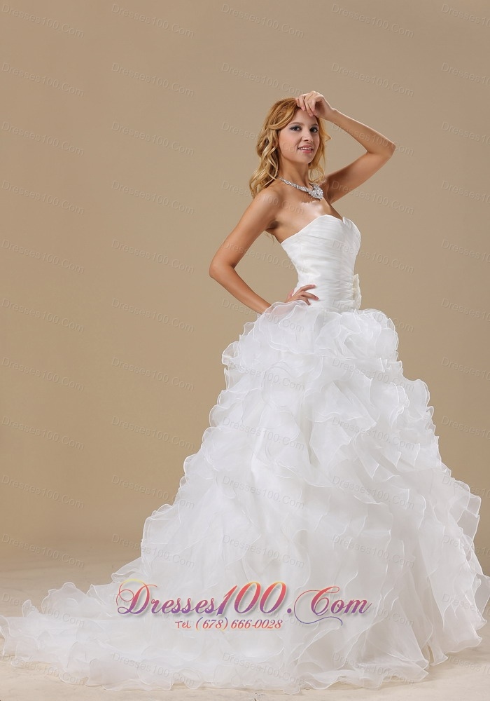Sweetheart Ruffles Train Hand Made Flower Wedding Dress