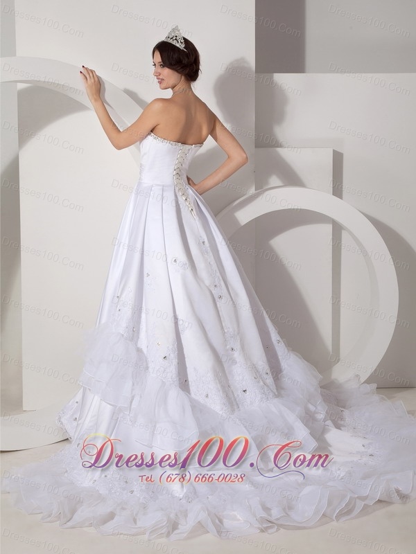 A-line Ruched Bodice Beading Sash Wedding Dress Taffeta