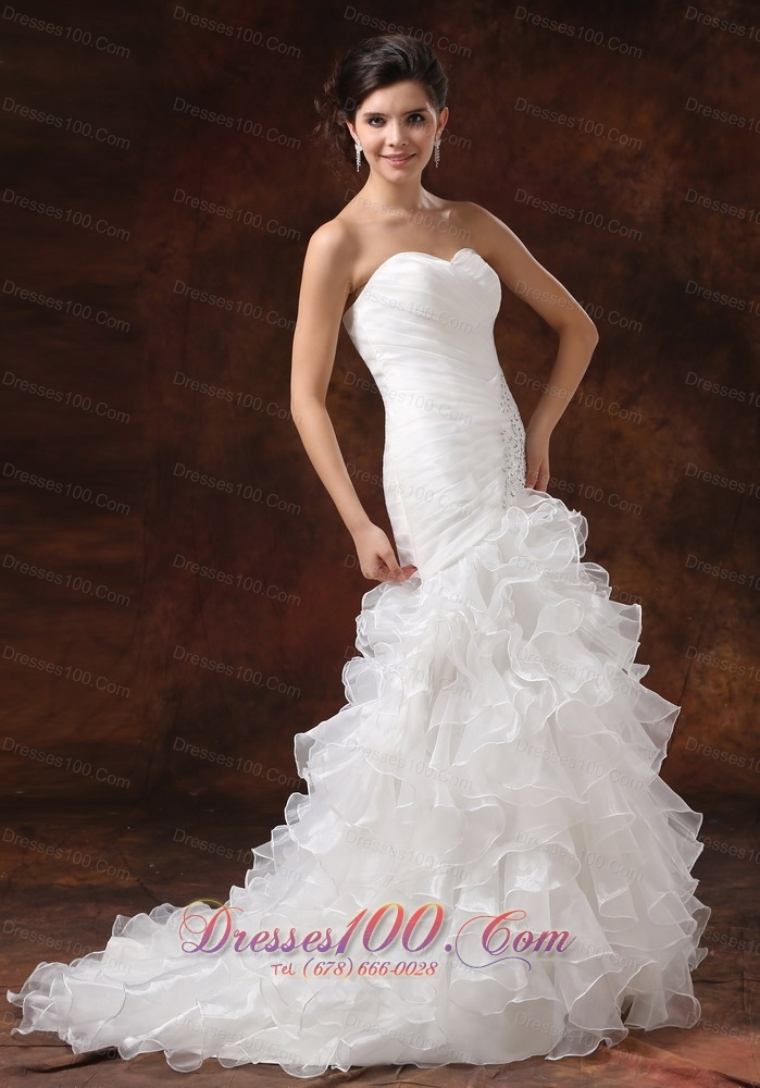 Mermaid Ruched Wedding Dress Beaded Ruffles Brush Train