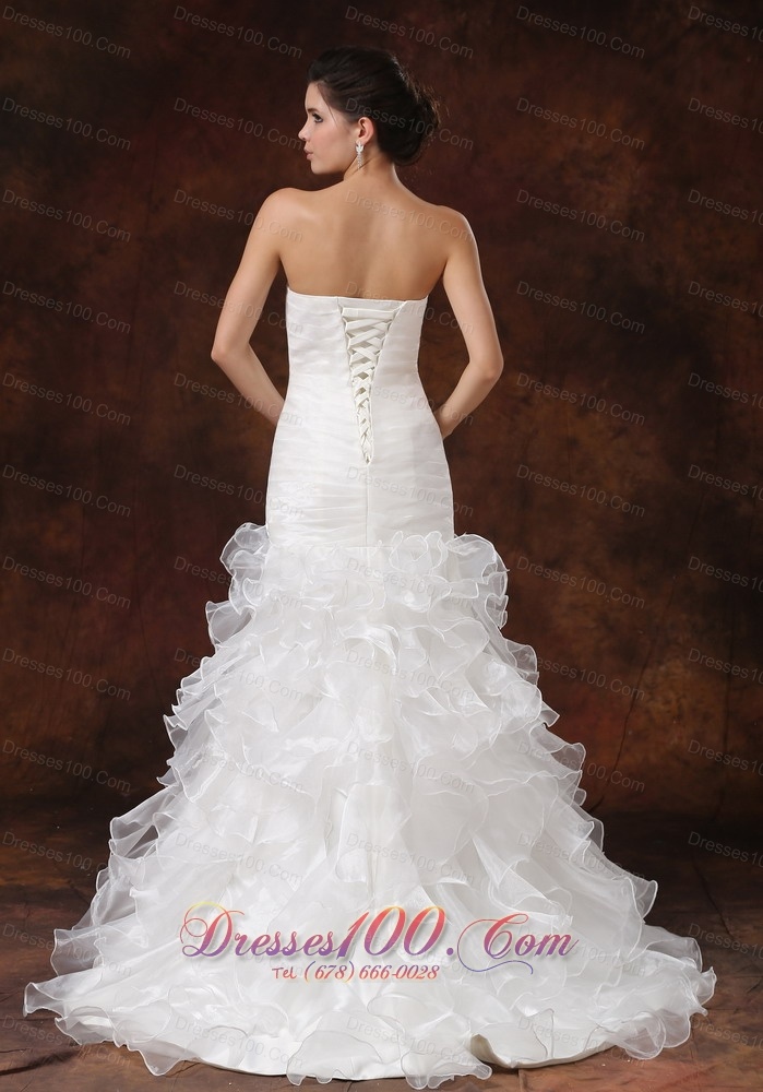 Mermaid Ruched Wedding Dress Beaded Ruffles Brush Train