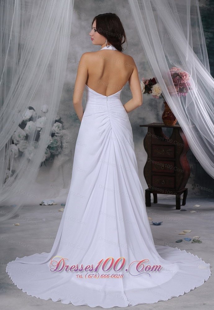 Deep V-neck Wedding Dress Halter Top Beaded Court Train