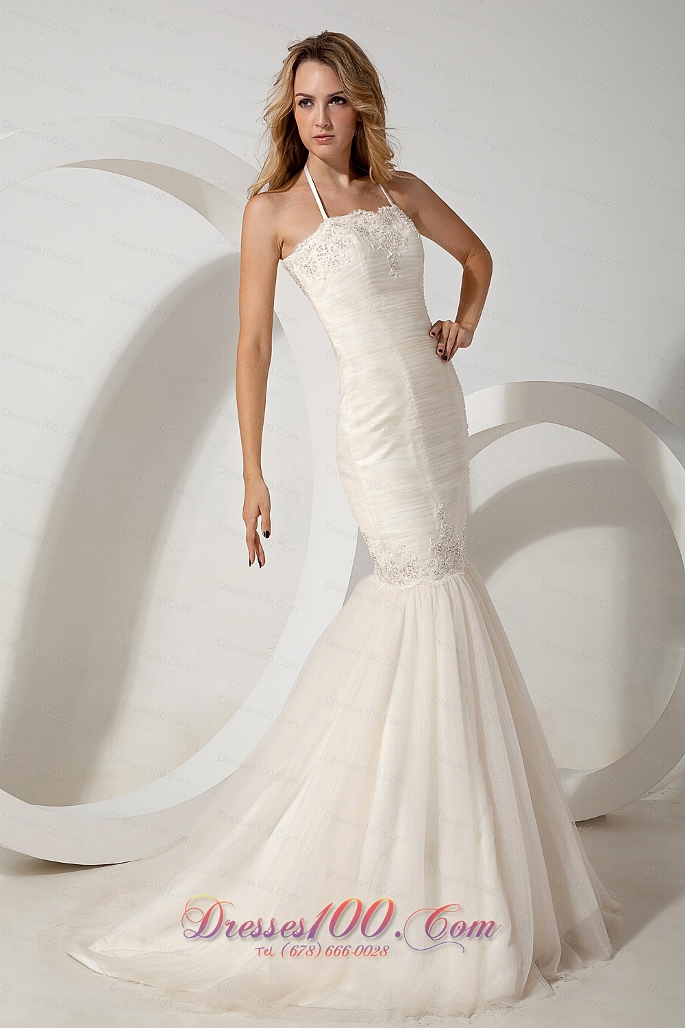 Mermaid Halter Wedding Dress Tulle Brush Train