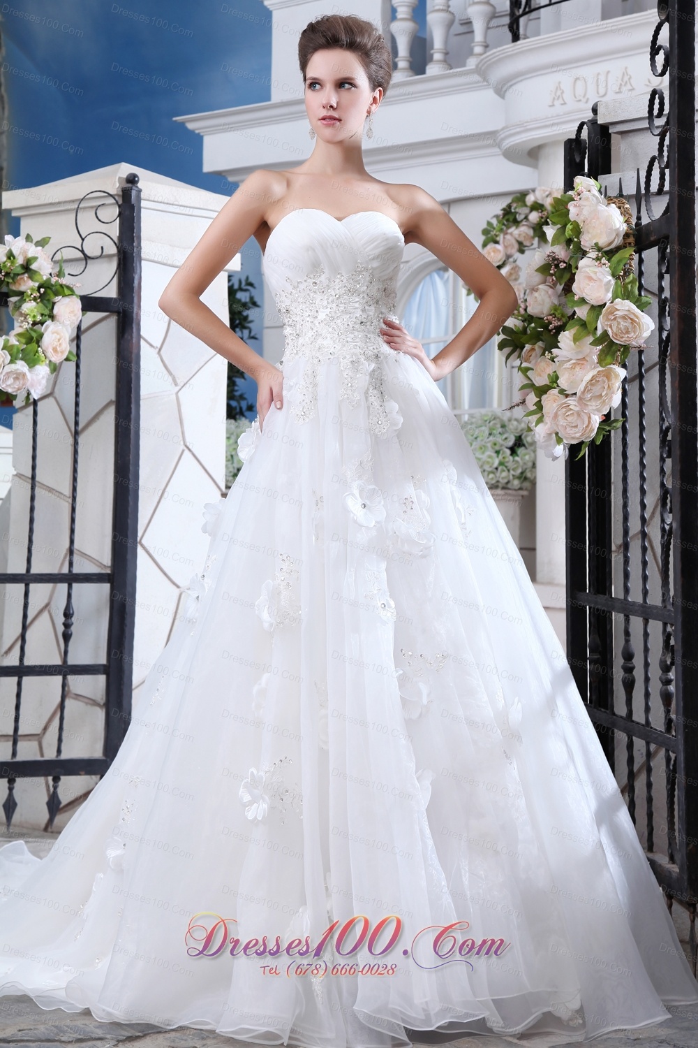 Pretty White Sweetheart Wedding Gown Hand Made Flower