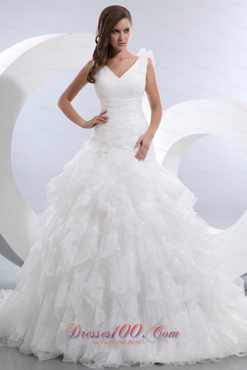 A-line V-neck Ruffles and Ruch Wedding Dresses Gowns