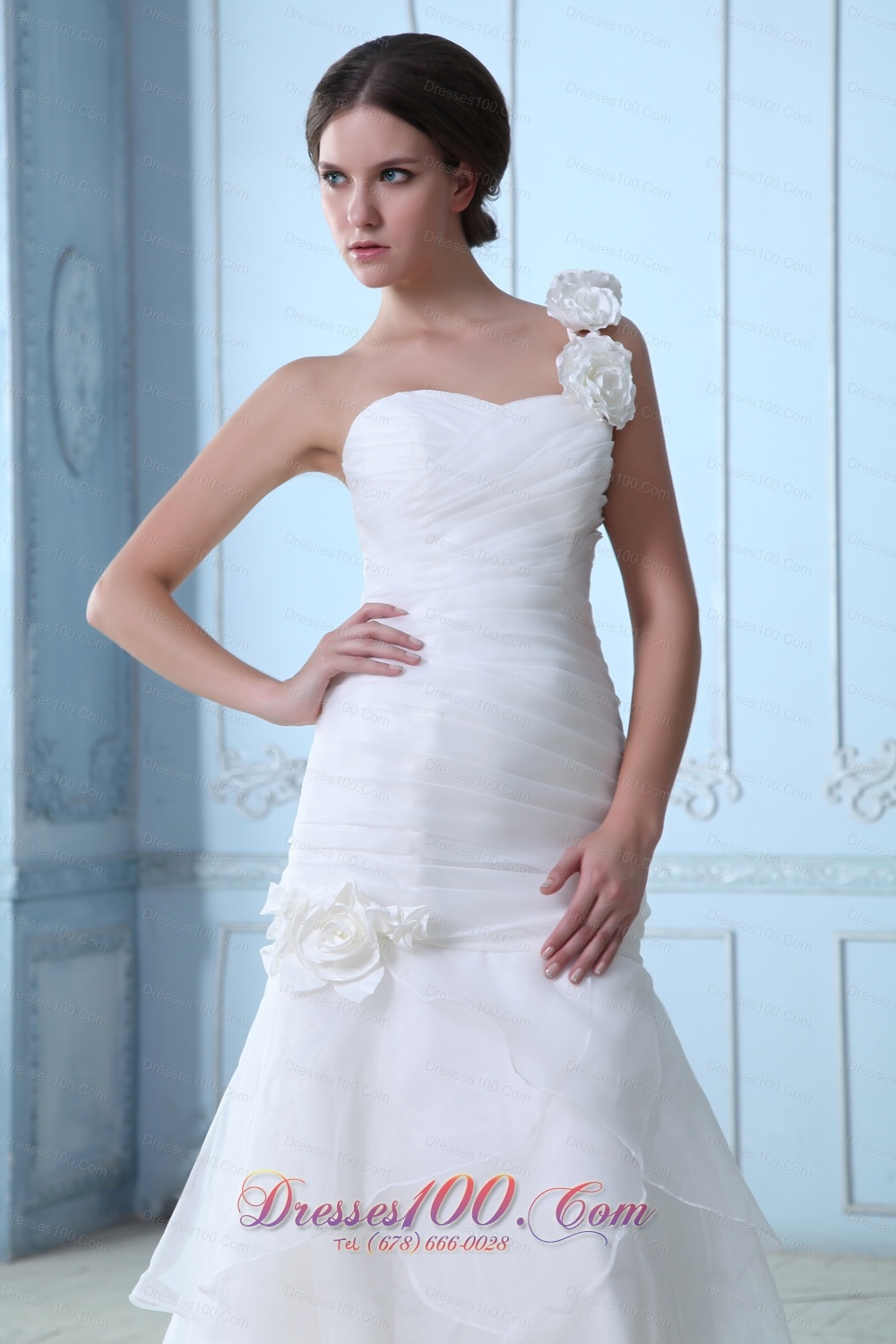 One Shoulder Hand Made Flower Mermaid Wedding Gown