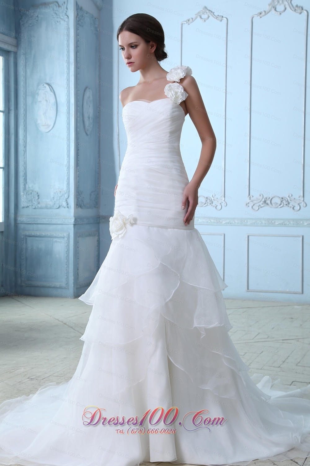 One Shoulder Hand Made Flower Mermaid Wedding Gown