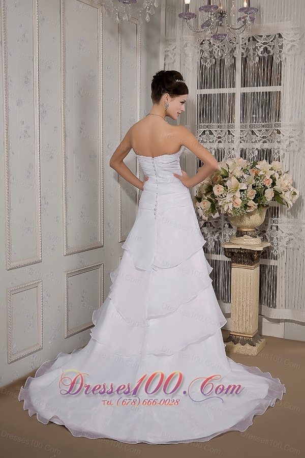 A-line Strapless Court Train Organza Appliques Wedding Gown