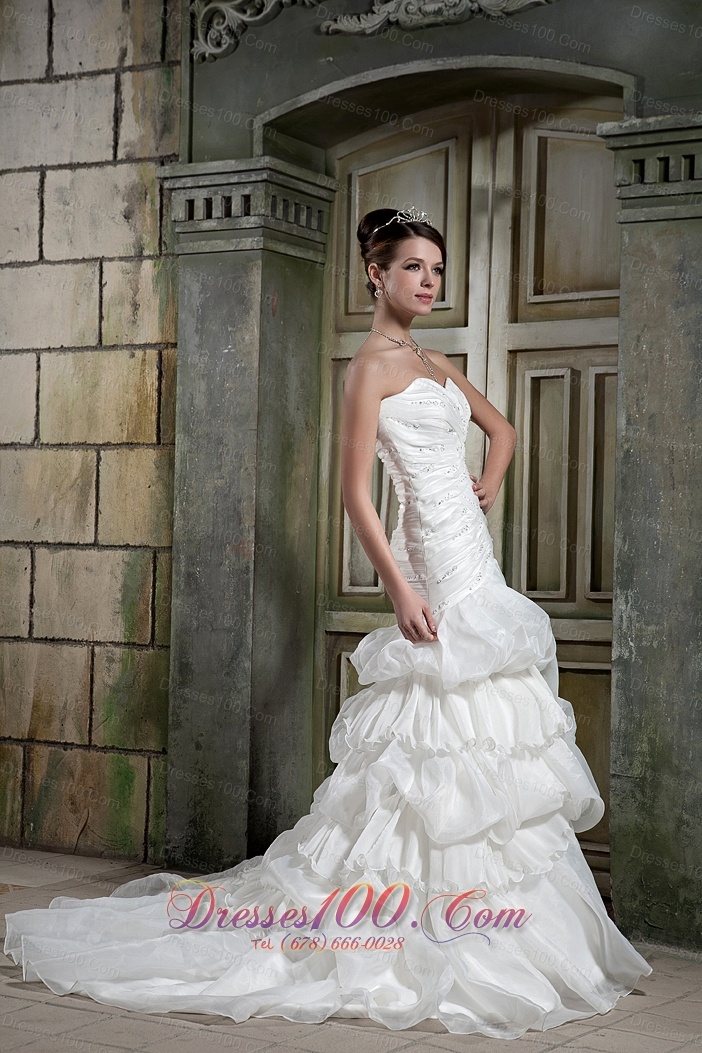 Sweetheart Ruched Layered Chapel Train Wedding Gown