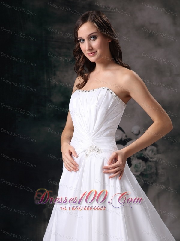 Taffeta A-line Strapless Wedding Dress Chapel Train Beading