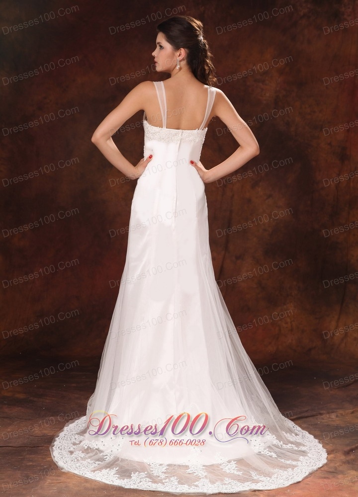 Straps V-neck Lace Wedding Dress Trumpet Brush Train