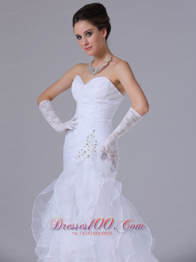 Sweetheart Ruched Bodice Mermaid Style Ruffle Wedding Dress