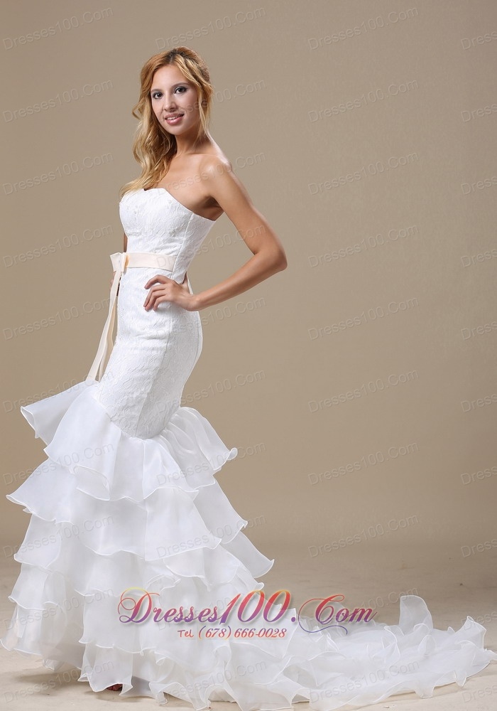 Sweetheart Mermaid Wedding Dress Ruffles Sash