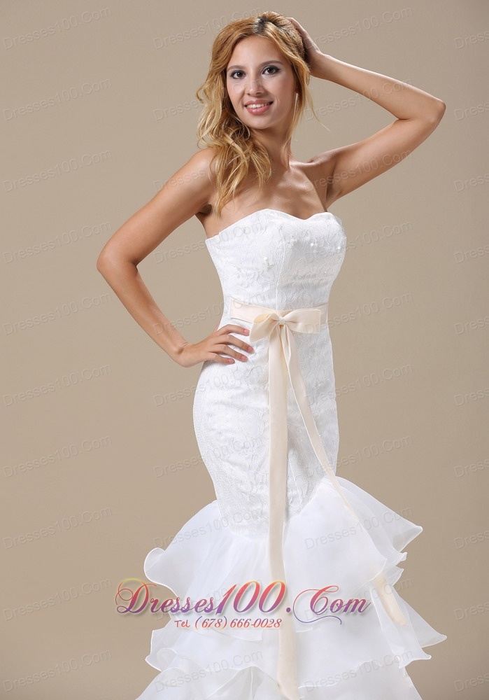Sweetheart Mermaid Wedding Dress Ruffles Sash