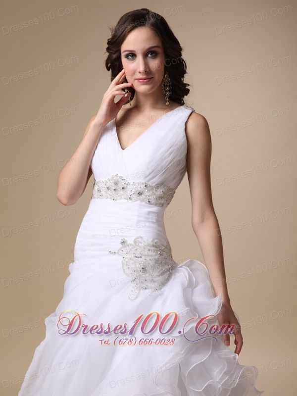 V-neck Beaded Wedding Dress Brush Train Ruffles