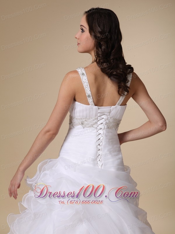 V-neck Beaded Wedding Dress Brush Train Ruffles